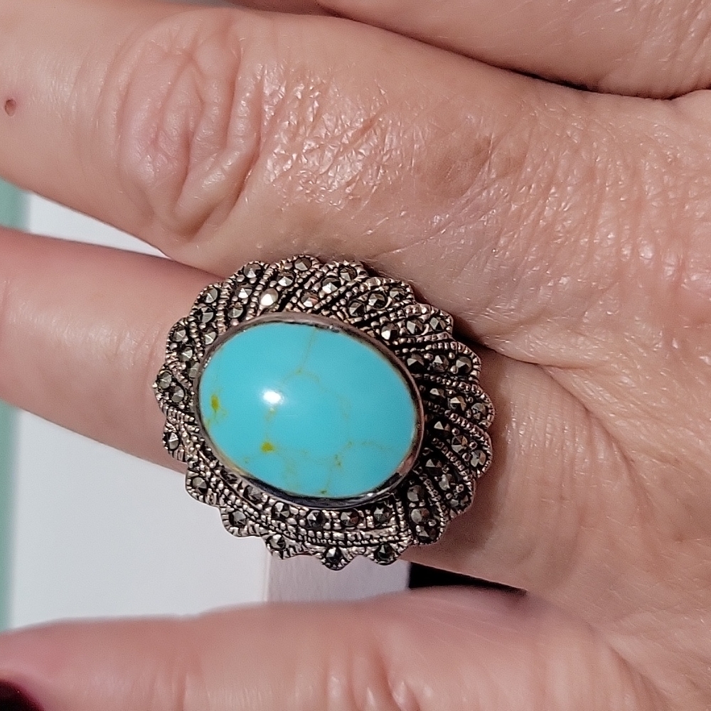 Sterling silver and Marquette aquamarine ring